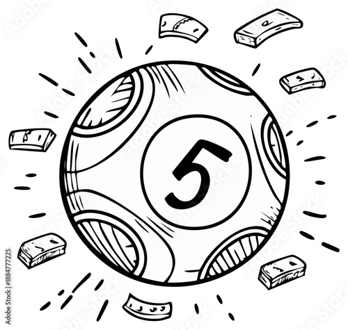 Doodle styled lottery ball with number five and floating blocks for drawing or game concept line art illustration