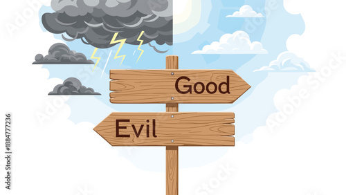 Wooden signpost showing two directions, "Good" pointing right towards a sunny sky and "Evil" pointing left towards a stormy, lightning-filled sky, symbolizing moral choices.