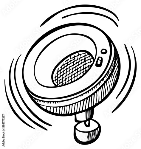 Hand-drawn rotating round object with grid texture and side buttons