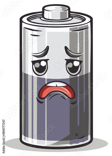 Cartoon battery character with a sad expression and low charge level, concept of power depletion.