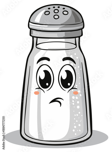 Skeptical cartoon salt shaker character illustration with a worried face