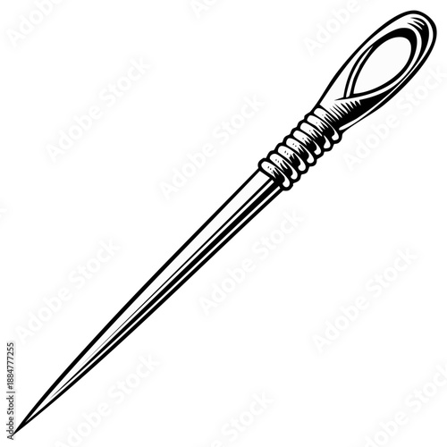 Detailed drawing of a sewing needle tool with an eyelet for threading and sharp tip.