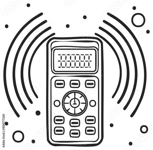 Hand drawn outline of a vintage radio transmitter emitting sound waves and signals