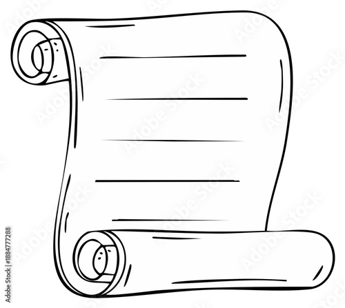 Hand drawn black and white illustration of an ancient blank scroll with lines for text