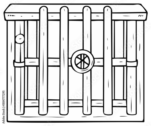 Cartoon illustration of wooden barred gate or door locking mechanism security vintage style prison dungeon