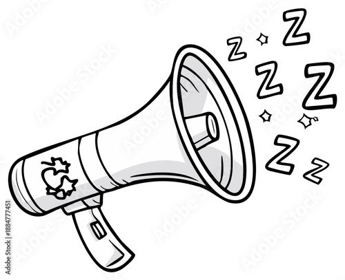 Cartoon megaphone with sleeping sounds in the form of Zs, a monochrome illustration