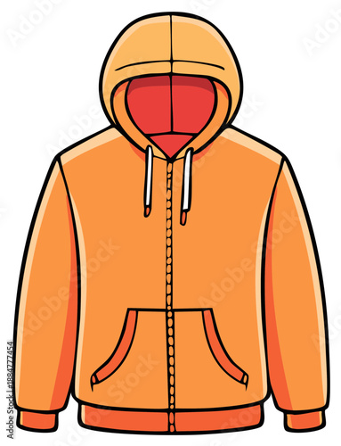 Stylized Orange Hoodie Sweatshirt Illustration with Red Lining and Pockets Apparel Clothing Fashion