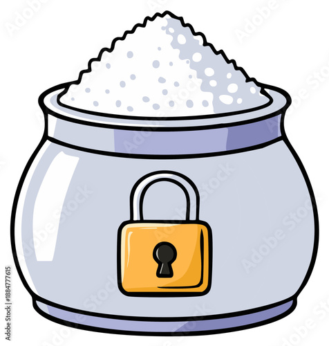 Pot of white granulated sugar secured with a padlock symbolizing diet control health and food restriction