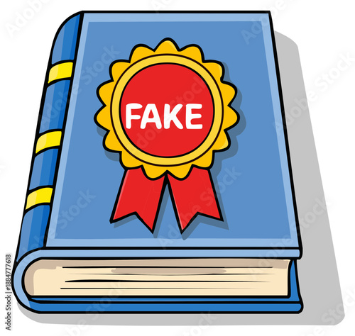 Blue book with a red and gold 'FAKE' badge, illustrating misinformation, disinformation, and false narratives.