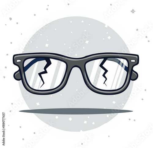 Cartoon illustration of broken glasses with a shattered lens.