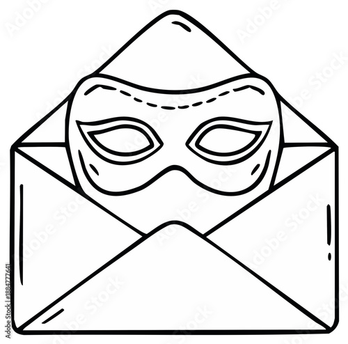 Masquerade mask inside an open envelope with hand drawn outline style