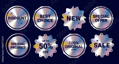 A large set of colorful holographic stickers. Bright rainbow emblems. Sale, best choice, new arrivals, special offer, discount, official product, 50% off. Vector.