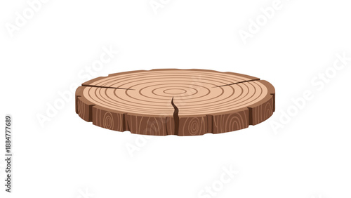 Detailed cross-section of a tree trunk, known as a tree slice or log, displaying prominent growth rings and natural cracks in the wood grain, isolated on white.