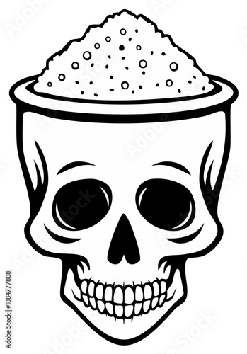 Skull shaped container overflowing with small pebbles and sand, a striking black and white illustration.
