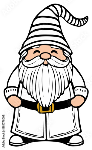 Cheerful gnome character with striped hat, closed eyes, beard, and outlined clothing, illustrated art