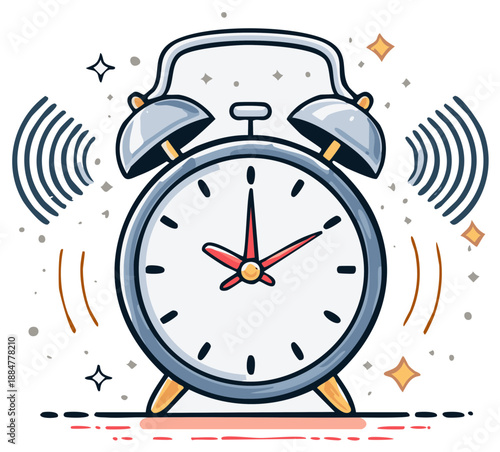 Illustration of a classic alarm clock with ringing sound waves and stars in cartoon style