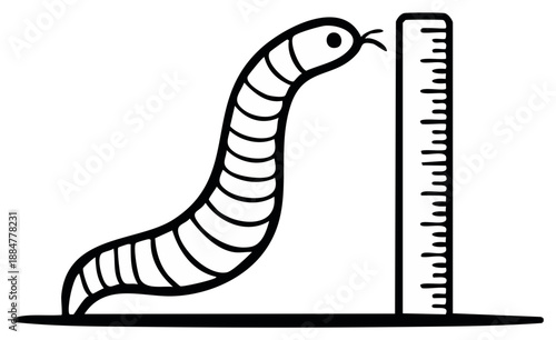 Cartoon worm measuring itself against a ruler in simple vector illustration style