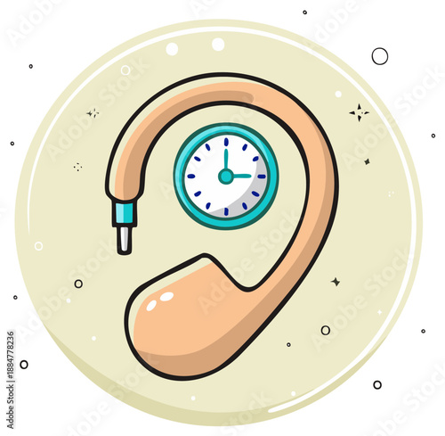 Conceptual illustration of a hearing aid and a clock symbolizing hearing loss, aging, and audiology
