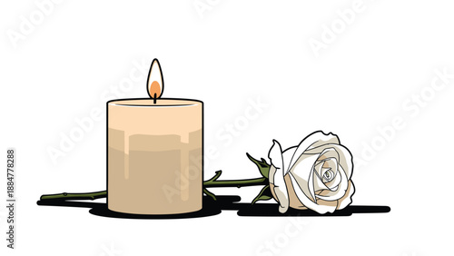 Lit cream-colored candle casting a warm glow, positioned beside a delicate single white rose lying on its stem, symbolizing remembrance, peace, or mourning.