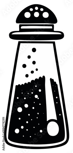 Black and white illustration of a salt shaker with salt inside, kitchenware element.