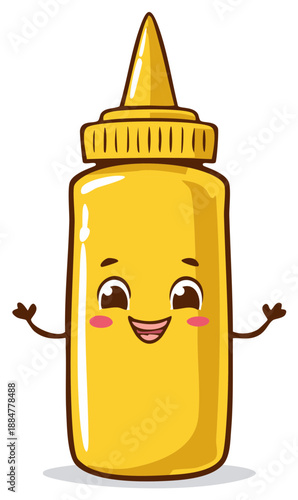 Cartoon mustard bottle character with arms, face, and smile, a cheerful condiment.