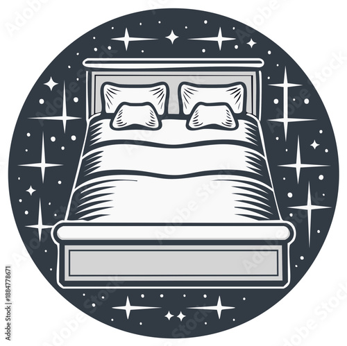 Dreamy bed illustration with starry night sky and sparkling lights icon