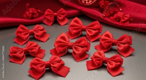 Wallpaper Mural Numerous vibrant red satin bows artfully arranged, showcasing festive holiday decoration elements Torontodigital.ca