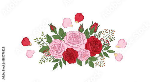 Exquisite floral arrangement featuring a charming mix of pink and red roses, complemented by scattered rose petals, small leaves, and buds, conveying romance and beauty.