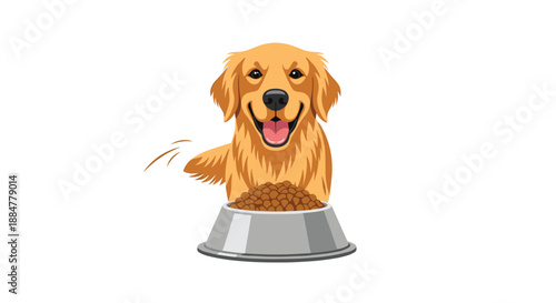 Enthusiastic golden retriever dog with a happy expression, sitting beside a large bowl filled with dry kibble, eagerly wagging its tail in anticipation of mealtime.