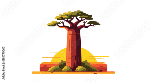 Solitary, magnificent baobab tree standing tall against a backdrop of a vibrant setting sun and small shrubs, symbolizing strength and resilience in arid landscapes.