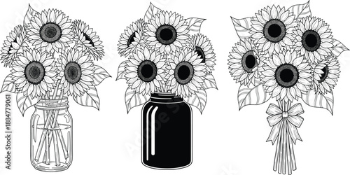 Hand drawn sunflower bouquet illustration set featuring floral arrangements in glass jar, vase, and tied bouquet style for botanical art, decor, and vector design use