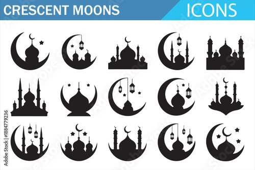 Islamic crescent moon icons set in black silhouette style featuring mosque domes, minarets and Ramadan symbols for Eid and religious celebration designs isolated on white background