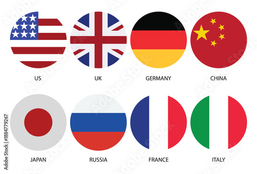 set of united states uk germany china japan russia france and italy national flags in circular icons isolated on white background vector illustration