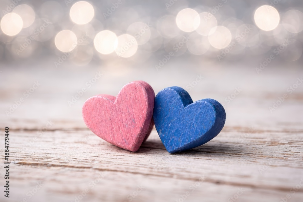 Obraz premium Saint Valentine pink and blue wooden hearts on white rustic wood with soft bokeh background