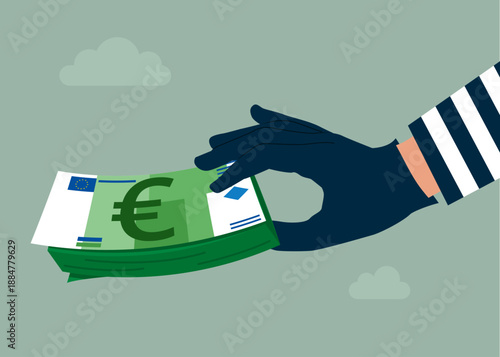 Hand in a black glove holding banknotes. Thieves stealing euro money stack with a check, burglars with money. Fraud and failure business. Modern vector illustration in flat style