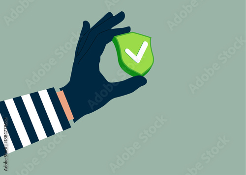 Hand in a black glove holding green shield with check mark. Thief stealing check mark. Incident management, solving problem, identify risk. Yes, completion, verification, approval. Modern vector illus
