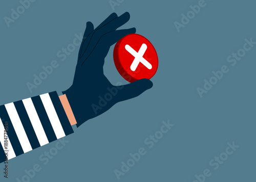 Hand in a black glove holding red sign stop and rejection concept. Thief stealing sign block. Modern vector illustration in flat style