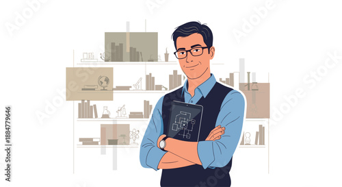 Smiling senior man with distinguished grey hair and beard, casually dressed in a denim shirt, holding a tablet or notebook, embodying experience and modern engagement.