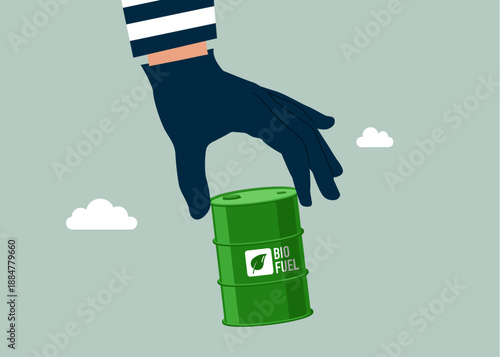 Hand in a black glove holding biofuel in barrel. Thief stealing biofuel products, Vector flat illustration