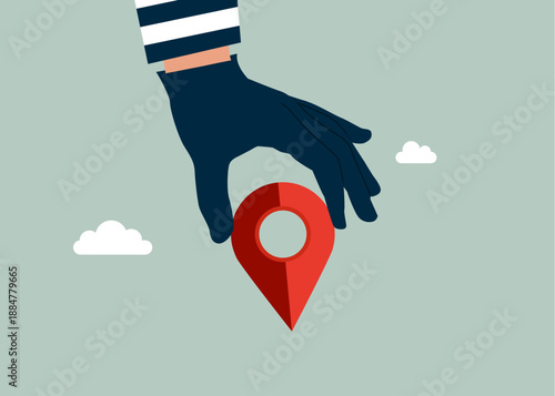 Hand in a black glove holding navigation pin. Thief stealing gps. Criminal behind moves in to new address. Modern vector illustration in flat style