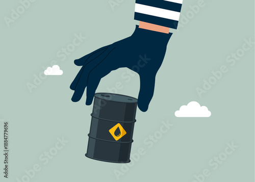 Hand in a black glove holding oil barrel. Thief stealing crude oil, burglar with trading. Vector flat illustration