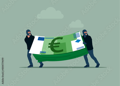 Thieves stealing euro money stack with a check, burglars with money. Fraud and failure business. Modern vector illustration in flat style