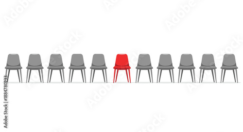 A long row of identical grey chairs featuring a single vibrant red chair positioned conspicuously in the center, visually representing uniqueness, standing out, or individuality.
