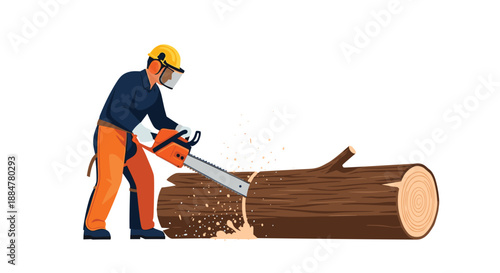 Skilled lumberjack wearing safety gear, including a hard hat and face shield, expertly cutting a large log with a powerful chainsaw, demonstrating forestry work and wood processing.