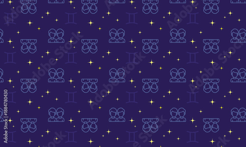 Zodiac pattern Gemini. Linear regular ornament with twins and stars for astrology, tarot cards, mysticism. Vector seamless ornament for textile, fabric, interior, ceramic, wallpaper, paper decoration,