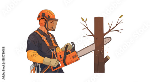 Ardent arborist in full safety gear, including a helmet with face shield and ear protection, holding a chainsaw next to a newly pruned tree trunk, ready for tree maintenance.