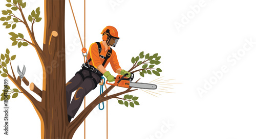 Professional arborist safely climbing a tree with a harness and rope, using a chainsaw to prune branches, showcasing expert tree care and hazardous work at height.