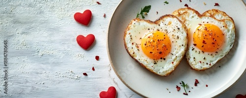 Two perfectly cooked heart shaped fried eggs on a ceramic plate, celebrating love, romance, and special morning meals