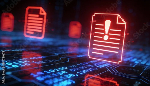 Glowing Red Digital File Icons with Exclamation Mark. 3D Illustration of Cyber Security Warning, Malware Virus and Corrupted Data Documents on Blue Binary Code Background.