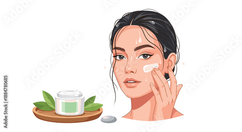 Young woman meticulously applying face cream to her cheek, with a jar of green-labeled natural cream and green leaves on a wooden tray, emphasizing organic and refreshing skincare.